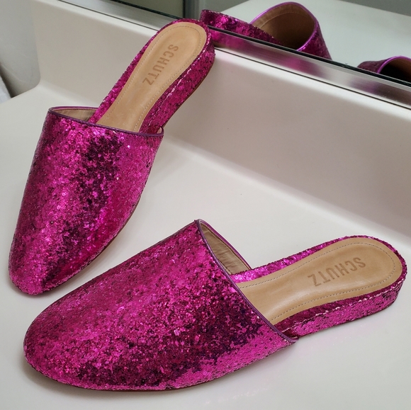 SCHUTZ Shoes - SCHUTZ 'Sulenya' Pink Glitter Mules (7B)
